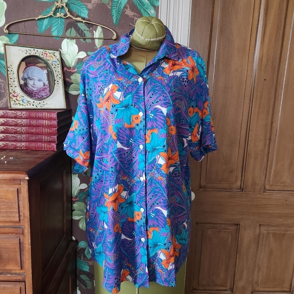 Candy Coated Vintage Tropical Floral Button-Up Shirt – Purple Teal Orange